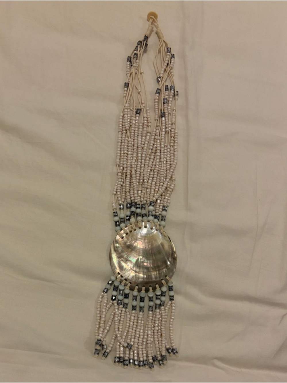 Beaded Shell Statement Necklace - White and Silver